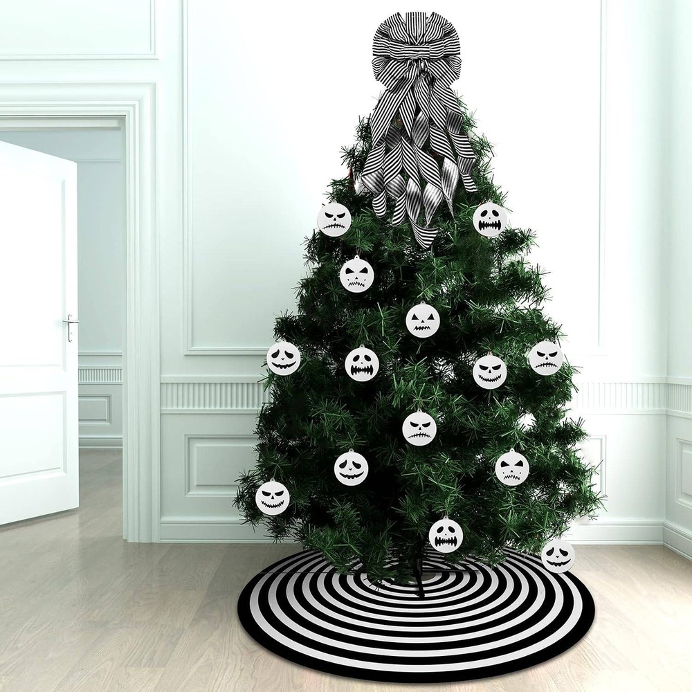 Halloween Christmas Decor Set Striped Skirt Bow Pumpkin Ornaments Black & White - Picture 2 of 7
